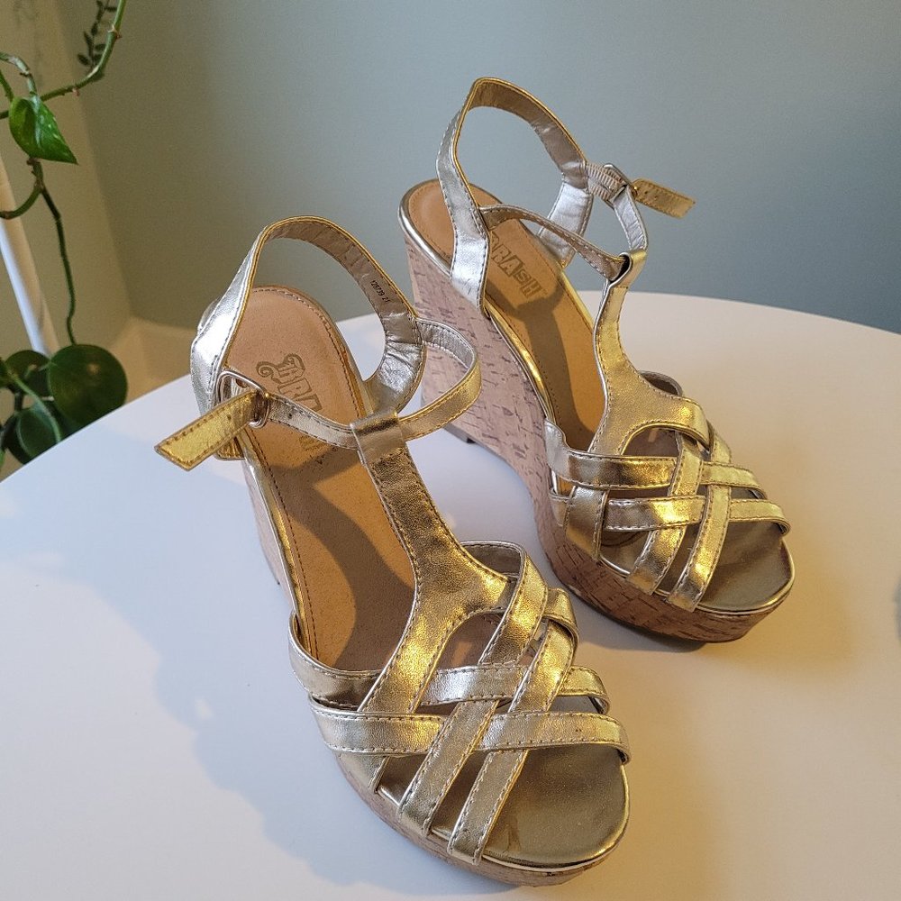 Gold Strappy Platform Wedges